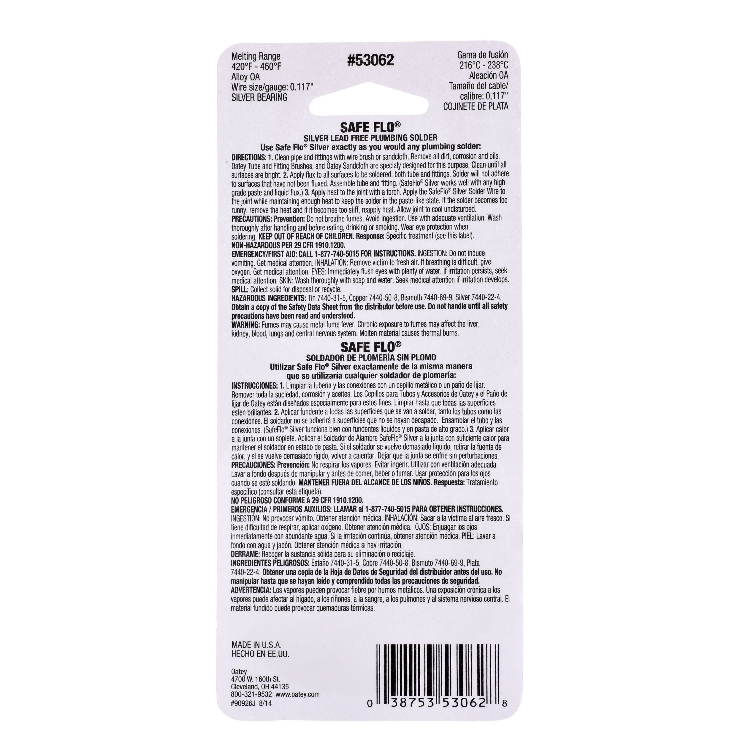 Silver lead-free plumbing solder spool with product specifications and usage instructions printed on packaging.