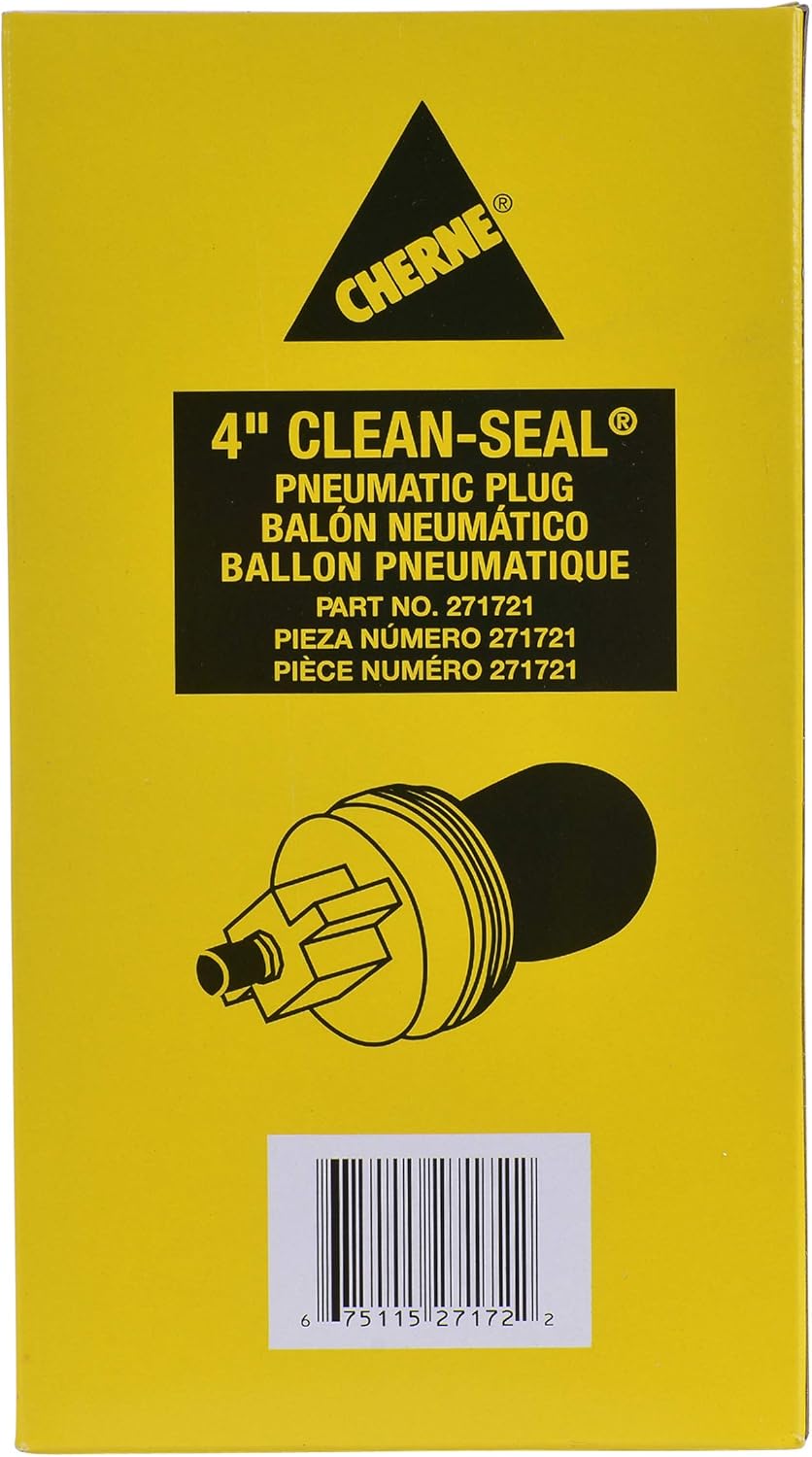 Yellow product box for 4-inch pneumatic plug with black triangular logo, product illustration, and barcode.