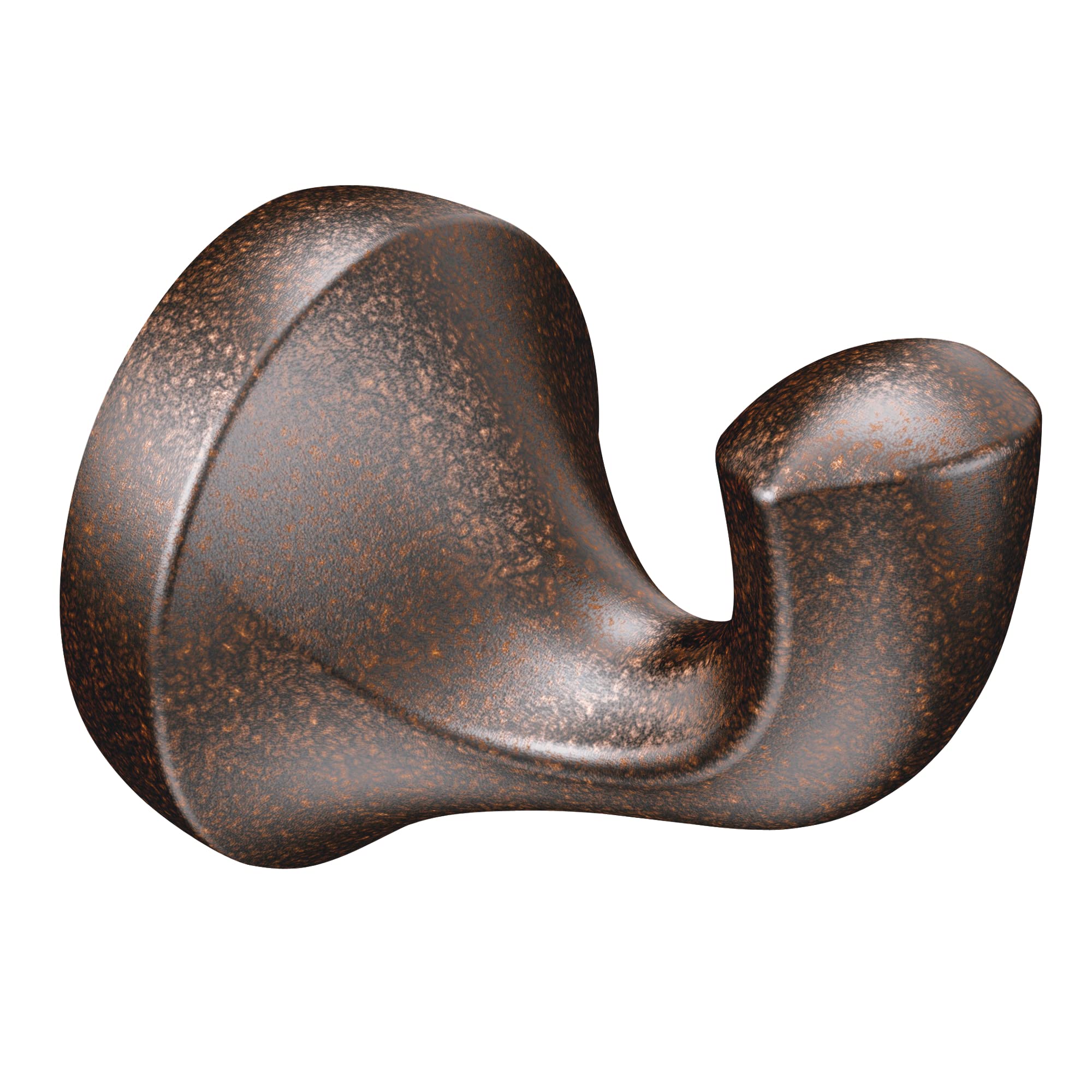 Oil rubbed bronze robe hook with curved dual hooks and textured finish.