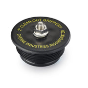 Black plastic cleanout plug with metal threaded center stud and "Clean-Out Gripper" text on top surface.