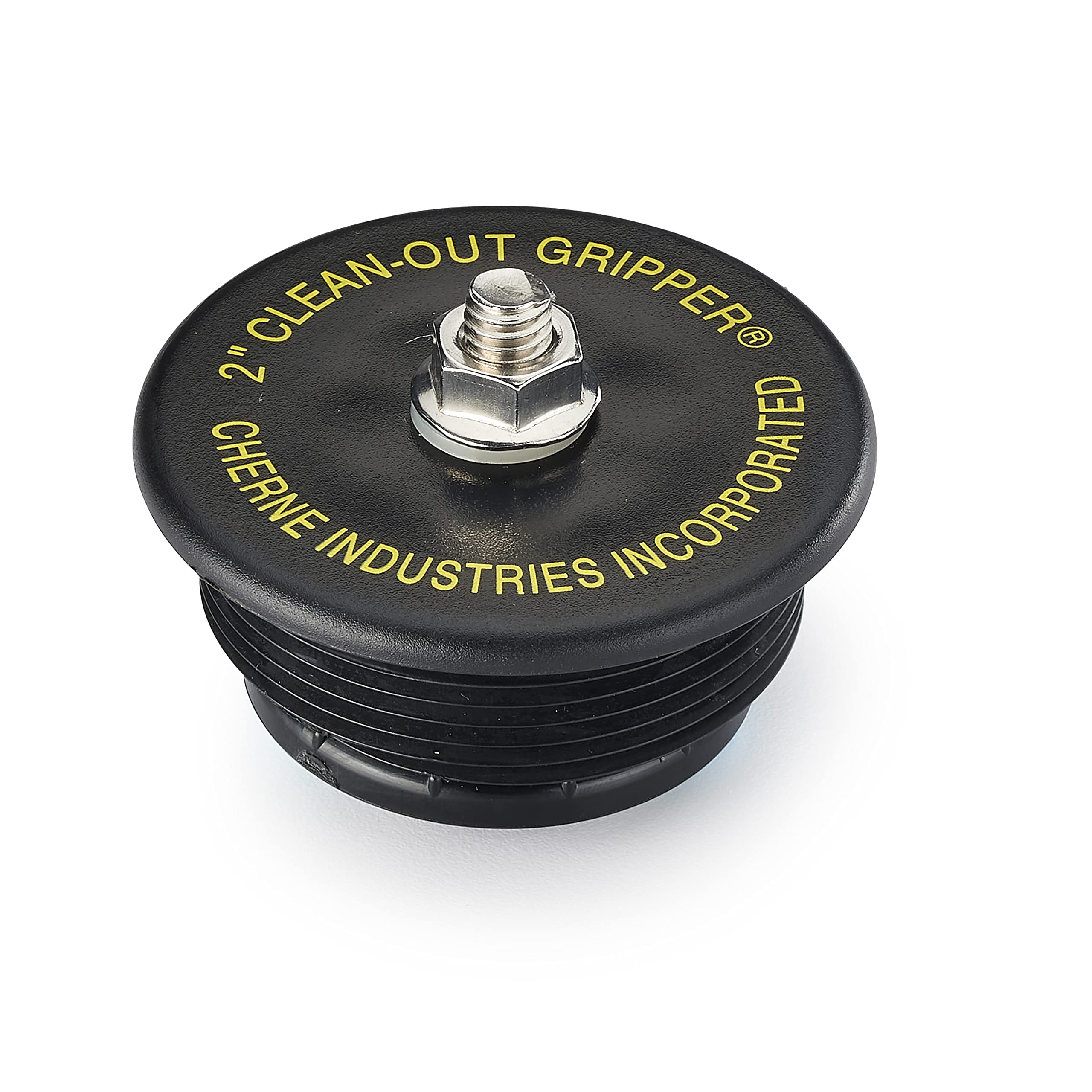 Black plastic cleanout plug with metal threaded center stud and "Clean-Out Gripper" text on top surface.