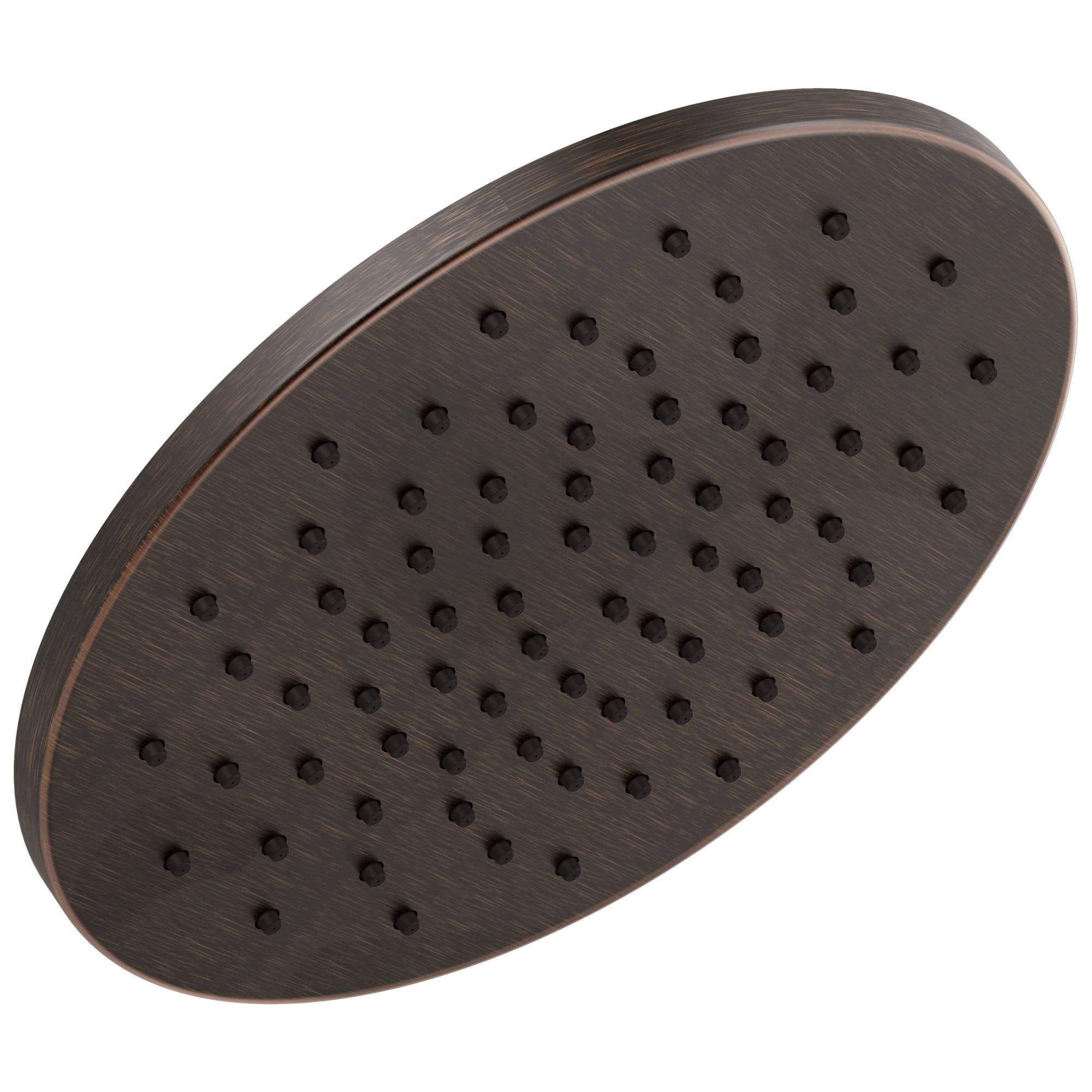Round metal raincan shower head with multiple spray holes in oil-rubbed bronze finish.