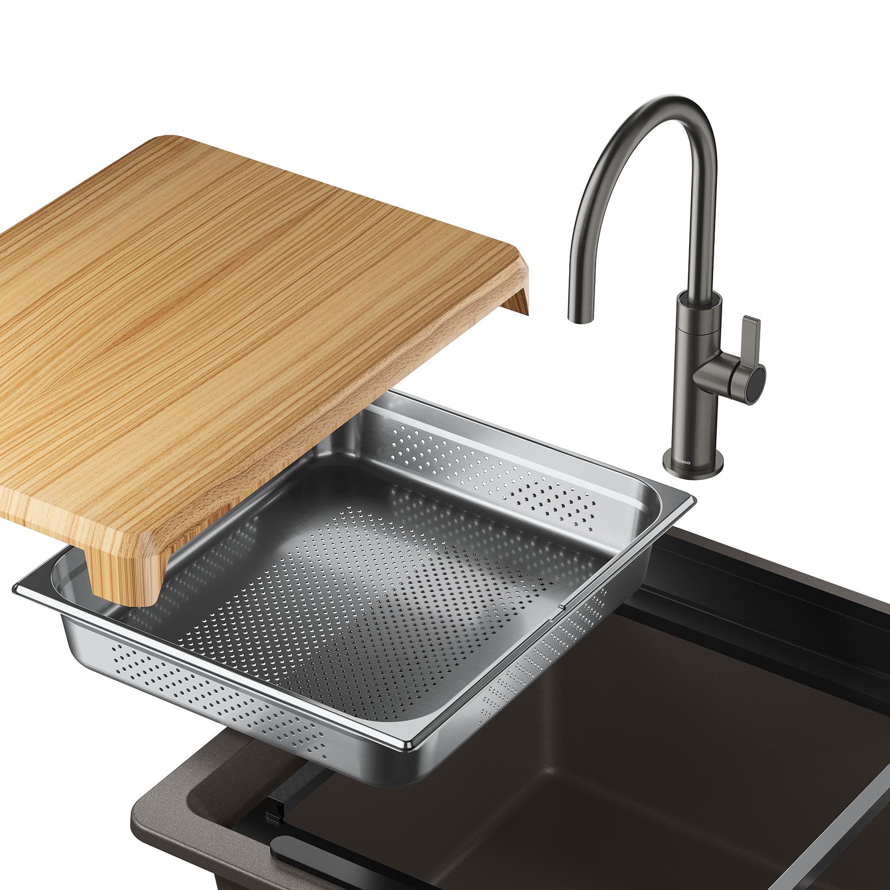 Stainless steel colander with perforated surface and wooden cutting board, positioned over sink basin with black faucet.
