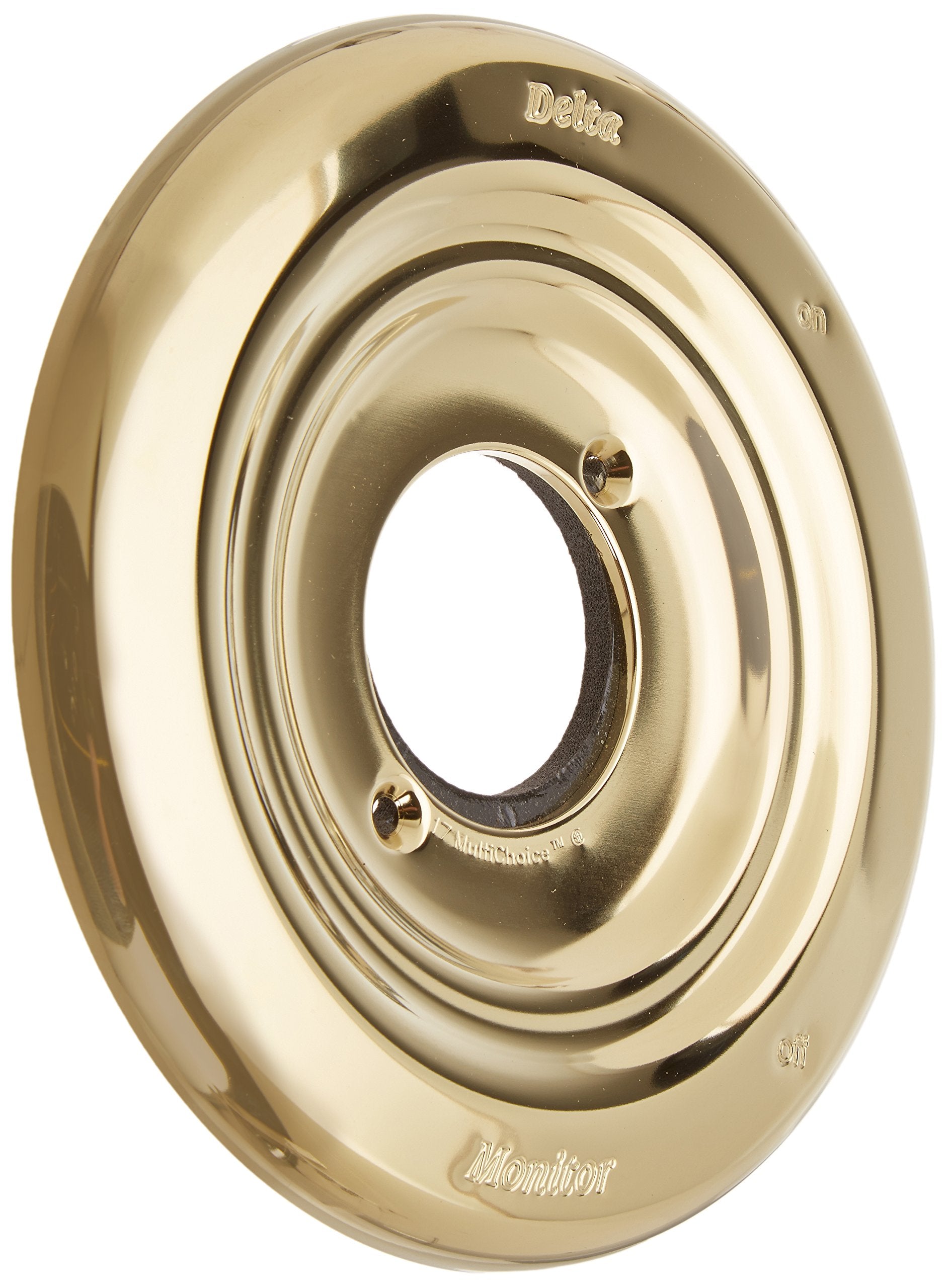 Polished brass circular escutcheon with concentric rings and center opening, Delta and Monitor branding visible.