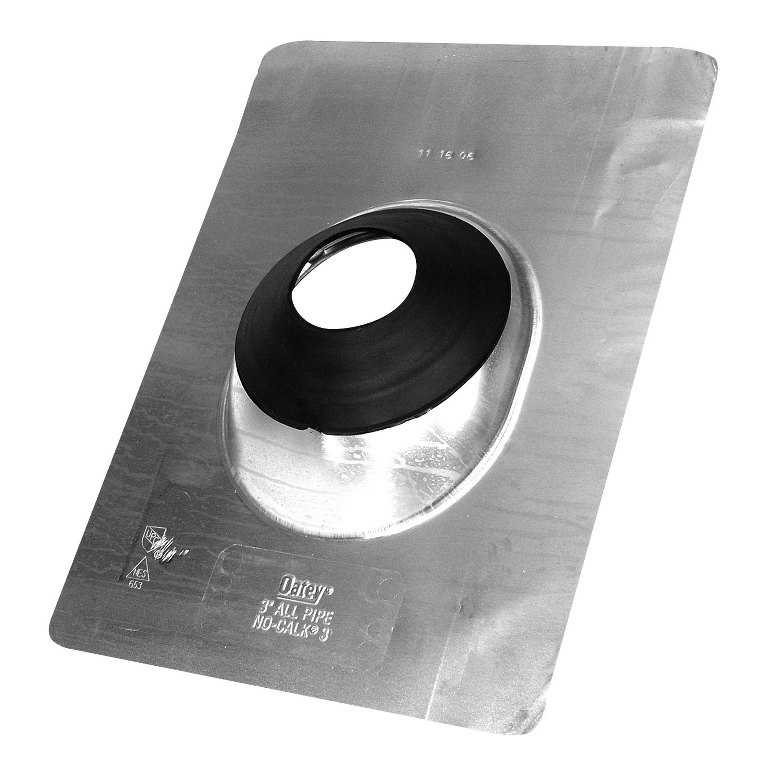 Aluminum roof flashing with 3-inch circular opening and black rubber boot collar.