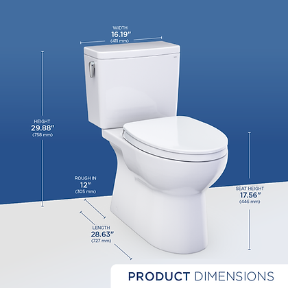 White two-piece elongated toilet with closed seat lid and dimensions labeled on blue background.