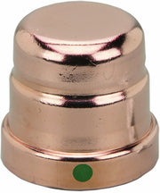 Copper press end cap with rounded top and green indicator dot on base.
