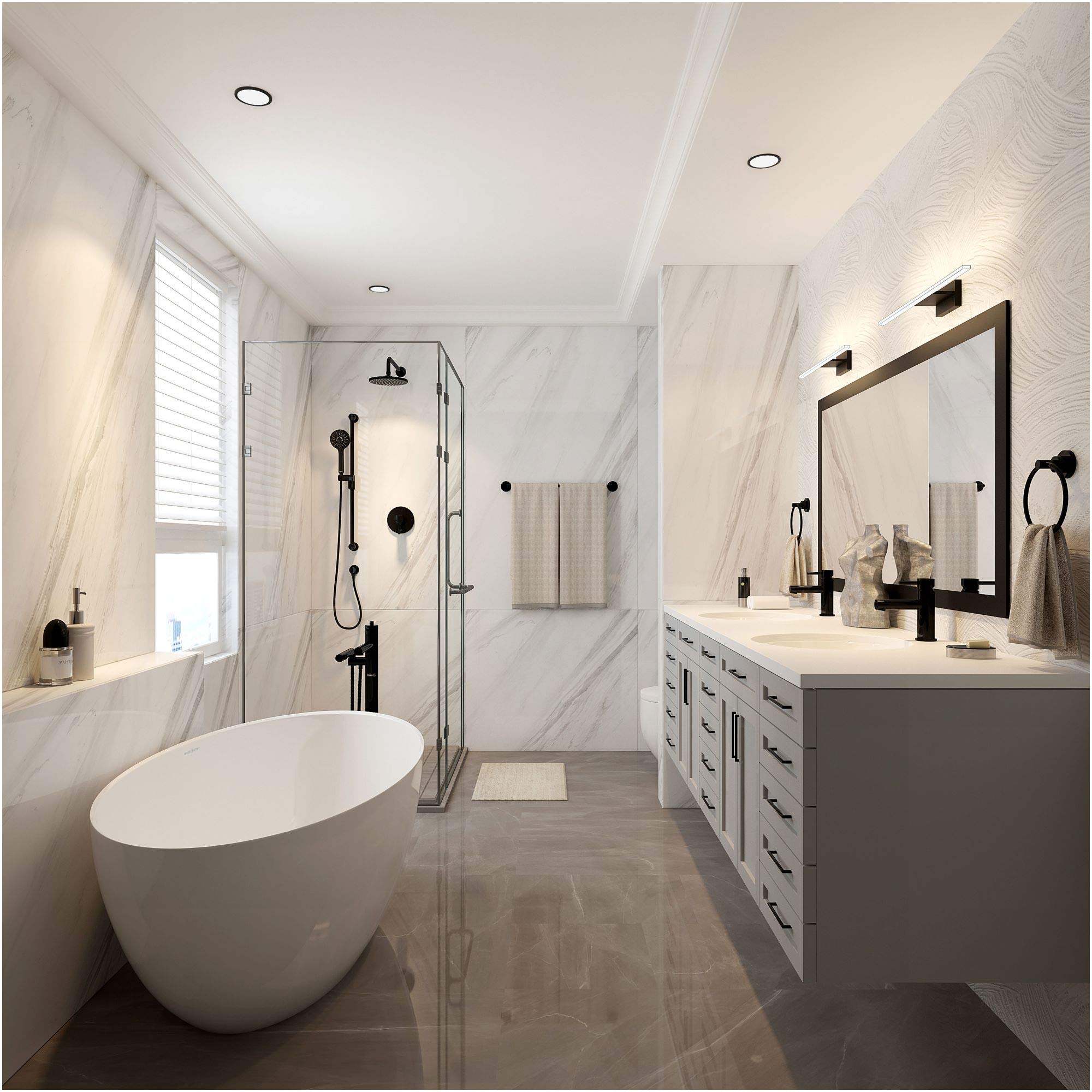 Black round rainfall shower head mounted on ceiling above walk-in shower enclosure with marble walls.
