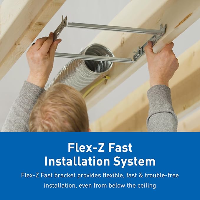 Person installing ceiling ventilation fan using Flex-Z bracket system into wooden joist opening.