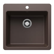 Cafe-colored single bowl kitchen sink with rounded edges, chrome drain strainer, and top-mount faucet hole.