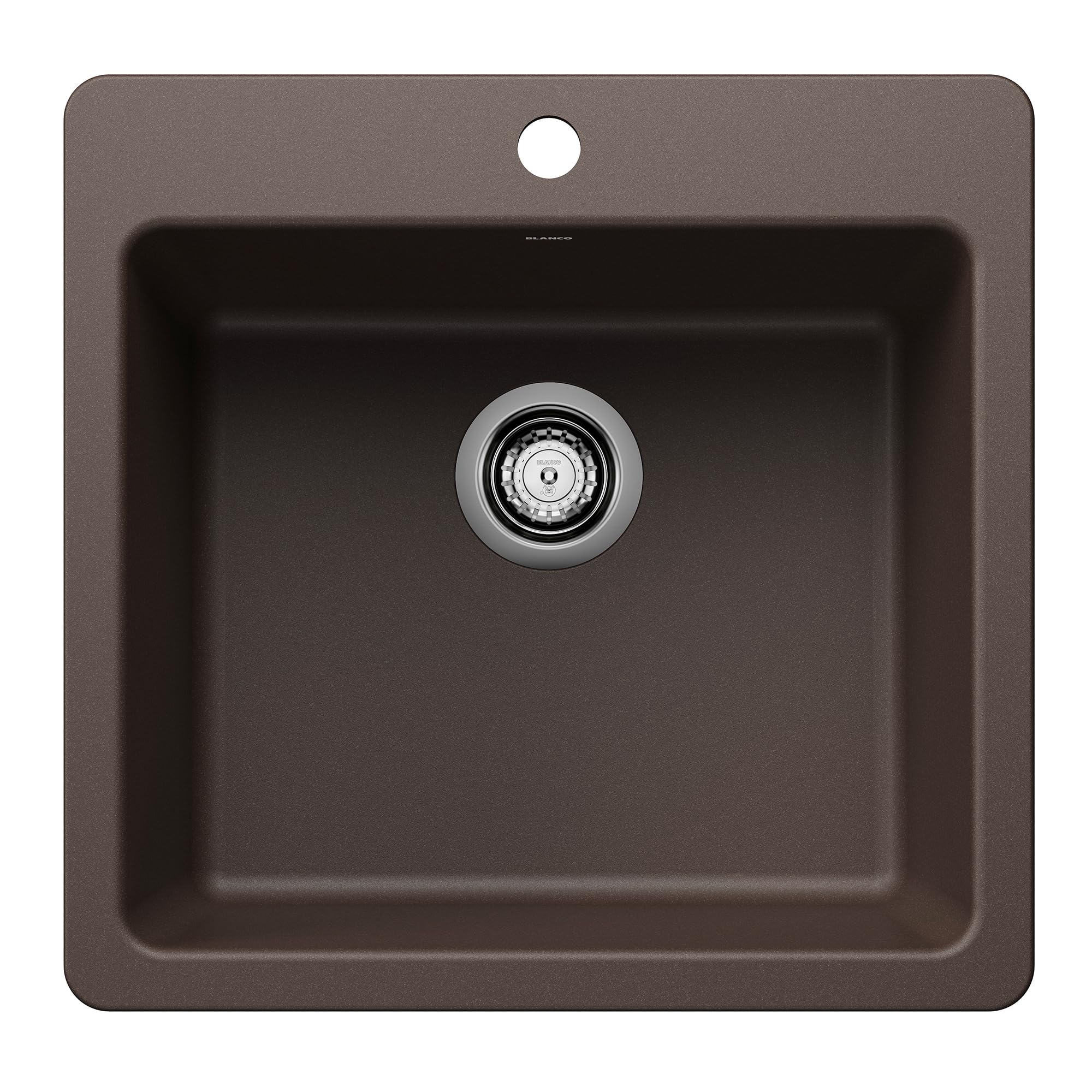Cafe-colored single bowl kitchen sink with rounded edges, chrome drain strainer, and top-mount faucet hole.