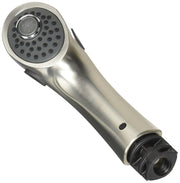 Stainless steel pull-out wand assembly with circular showerhead featuring multiple spray jets and threaded connection port.
