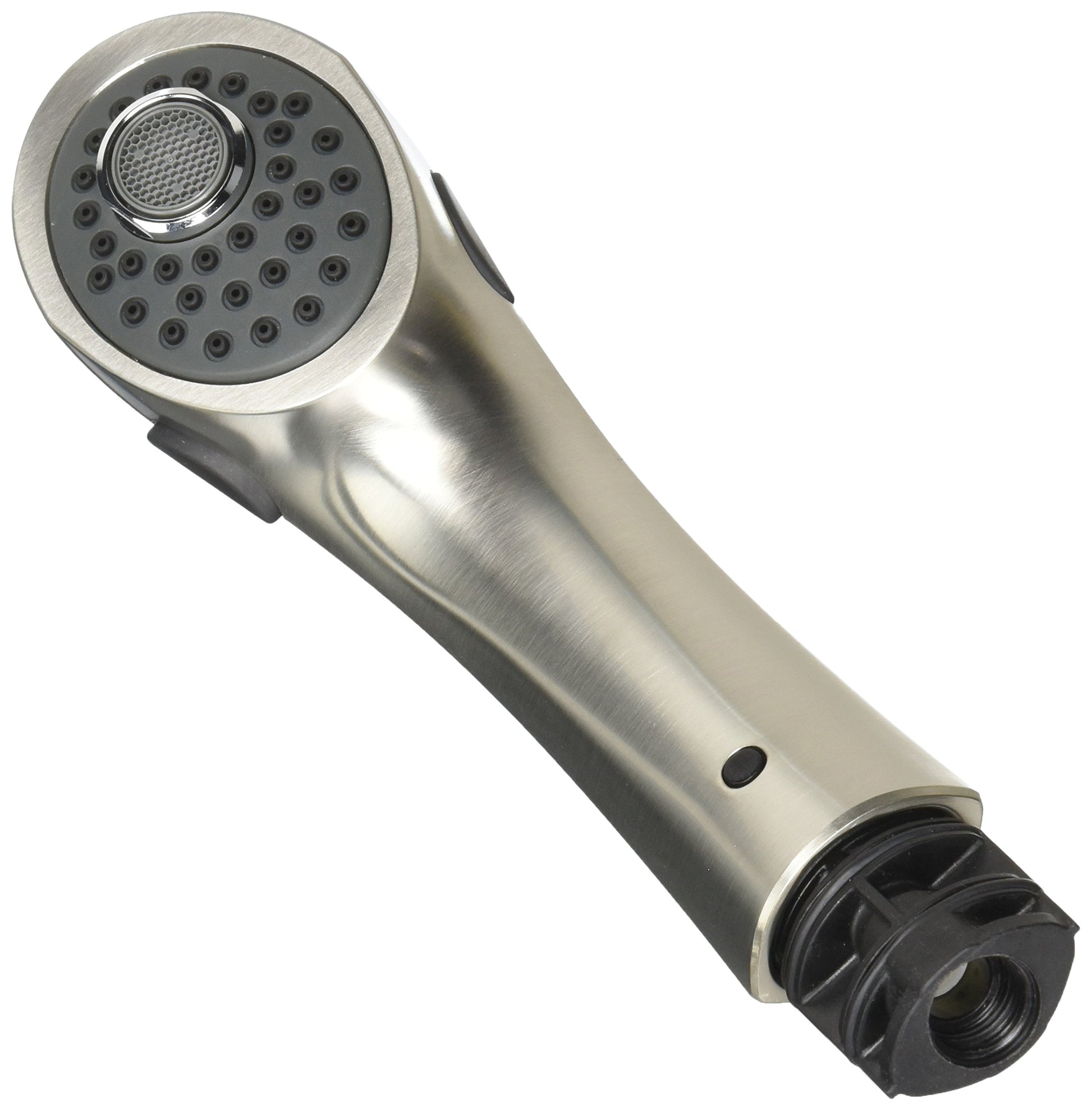 Stainless steel pull-out wand assembly with circular showerhead featuring multiple spray jets and threaded connection port.