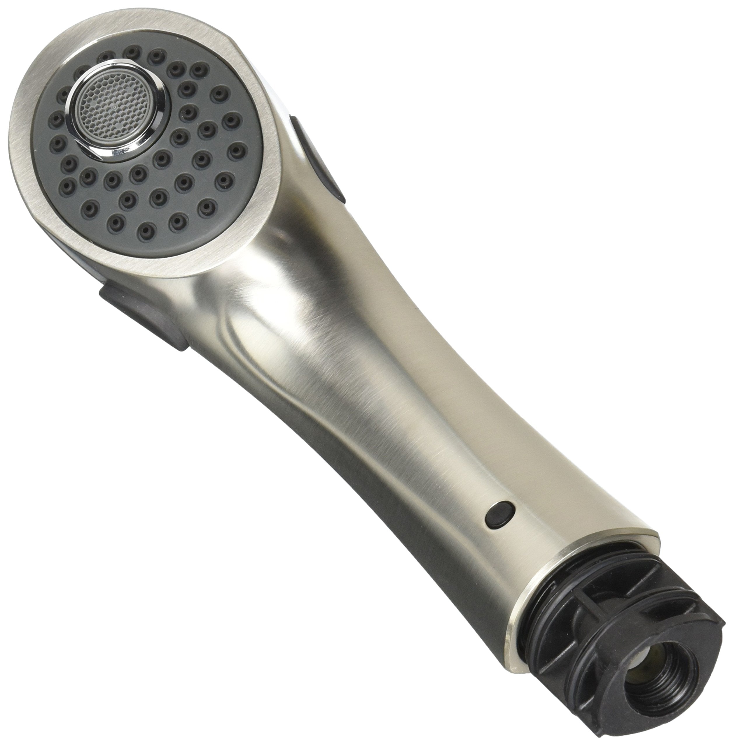 Stainless steel pull-out wand assembly with circular showerhead featuring multiple spray jets and threaded connection port.