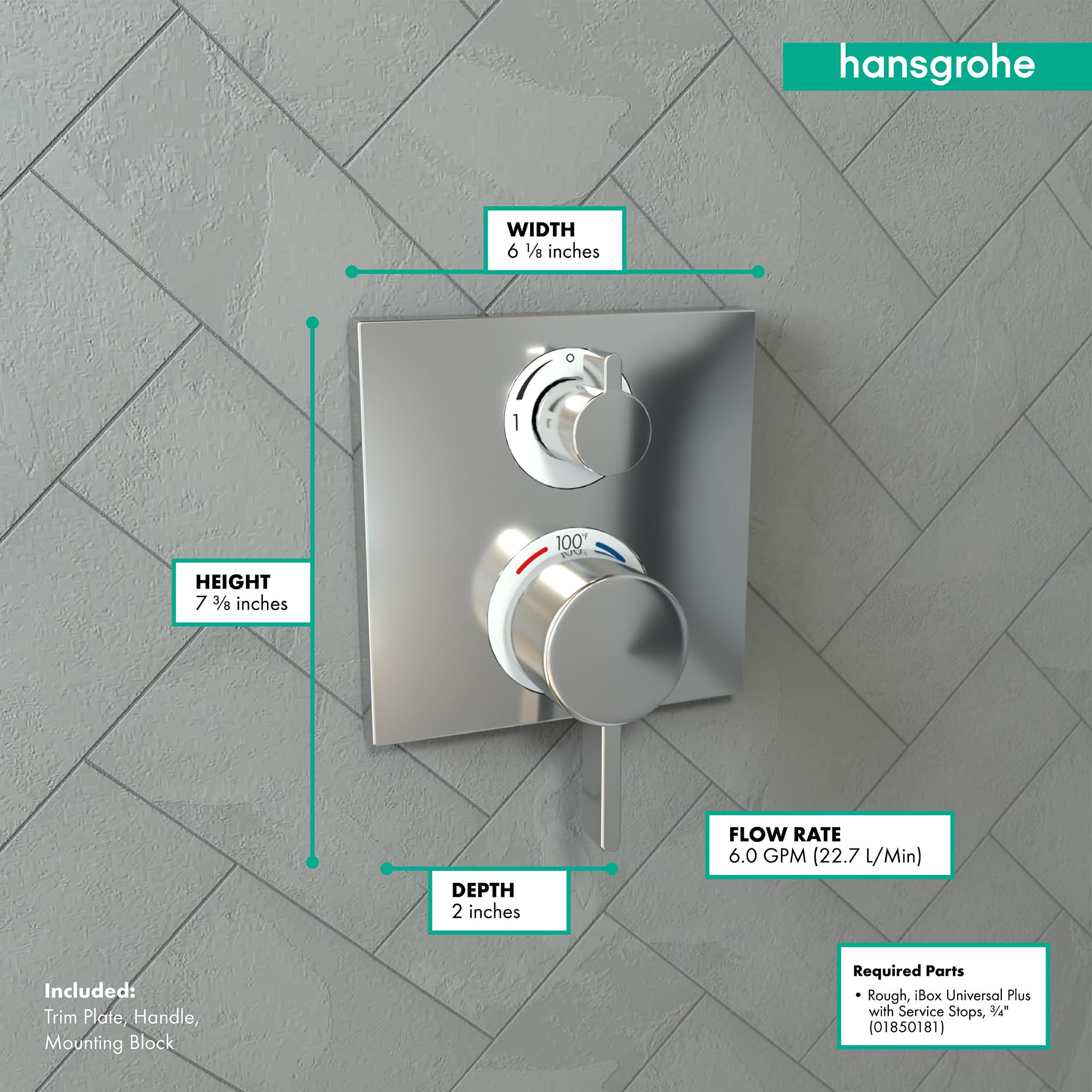 Chrome square thermostatic trim with upper volume control knob and lower diverter lever on wall tile background.