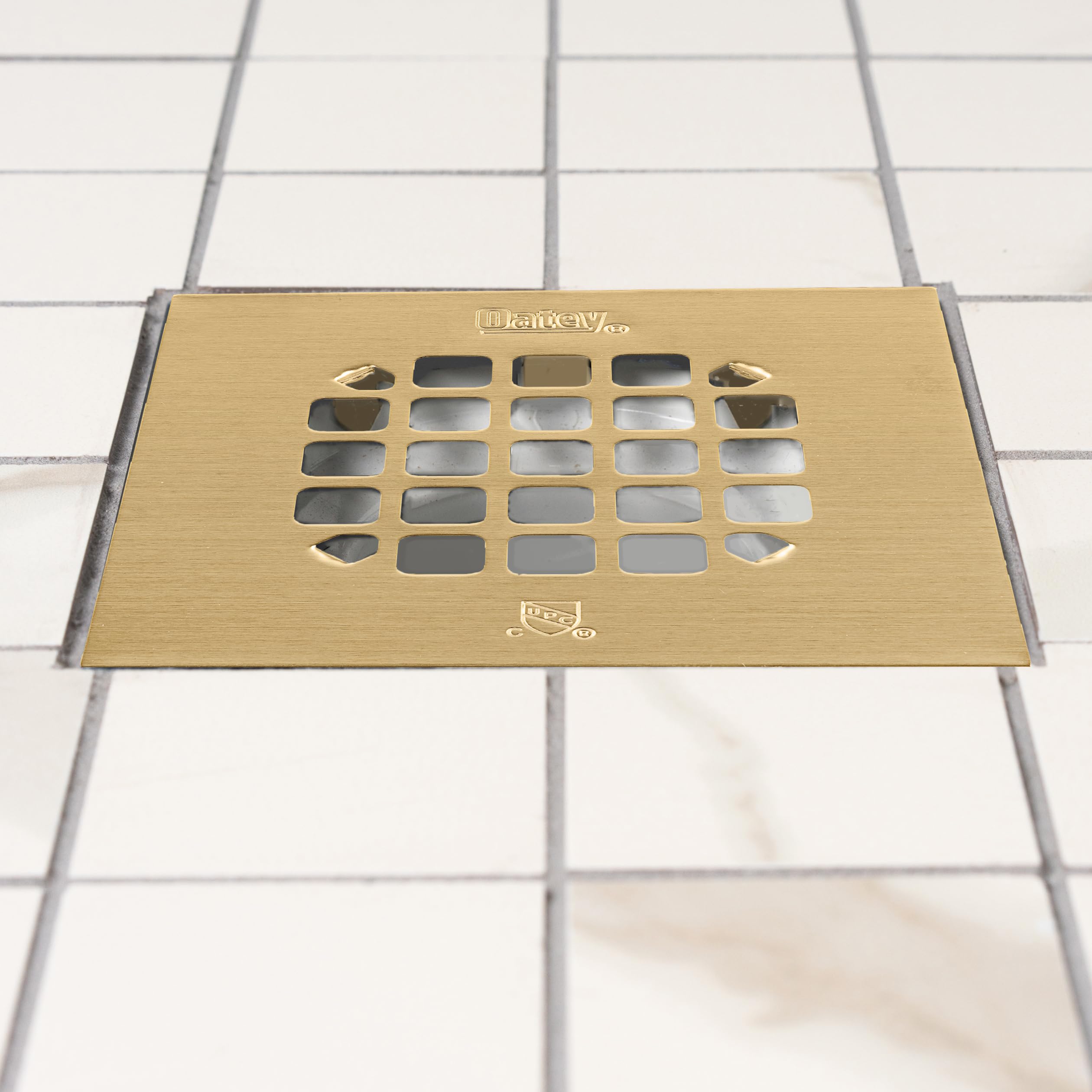 Oatey 4-1/4 in. Square Snap-Tite Shower Strainer with Tile Ring in Brushed Gold - 42363