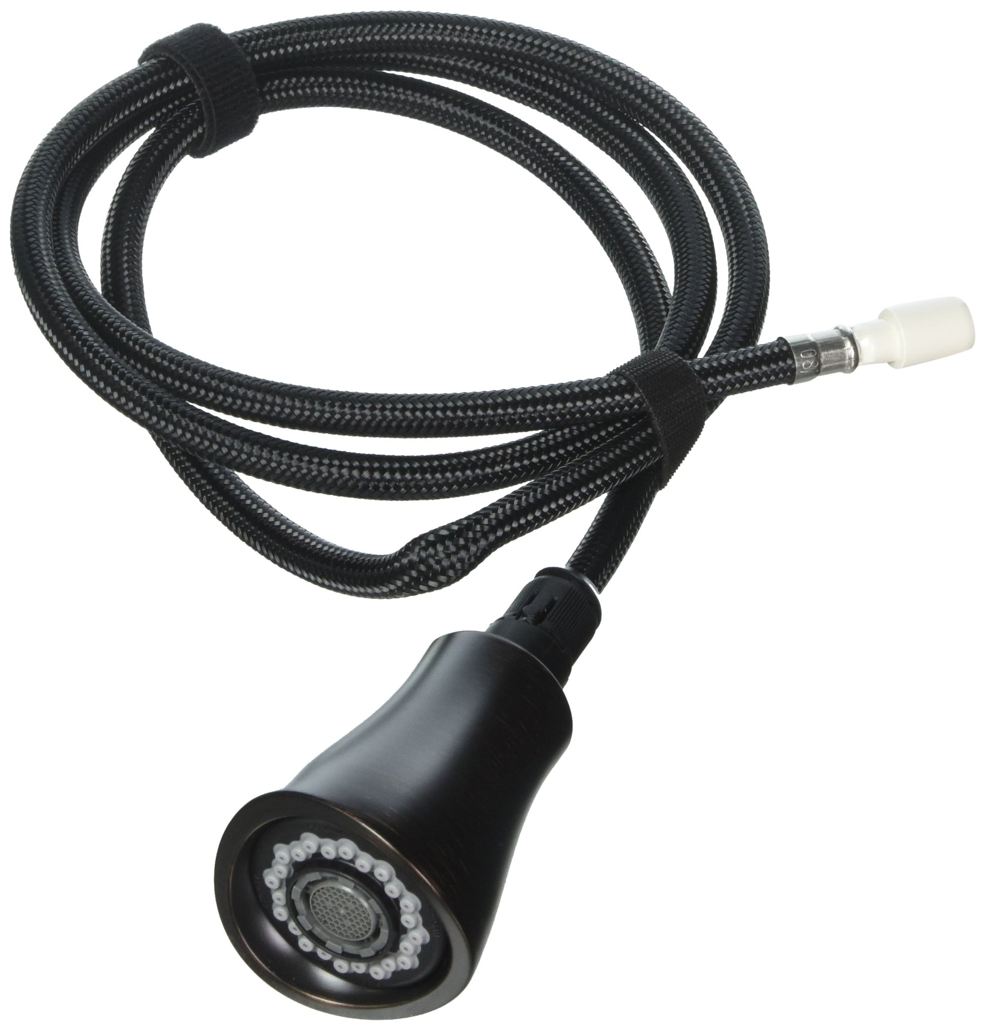 Black braided hose wand assembly with Venetian bronze finish head and white connector end.