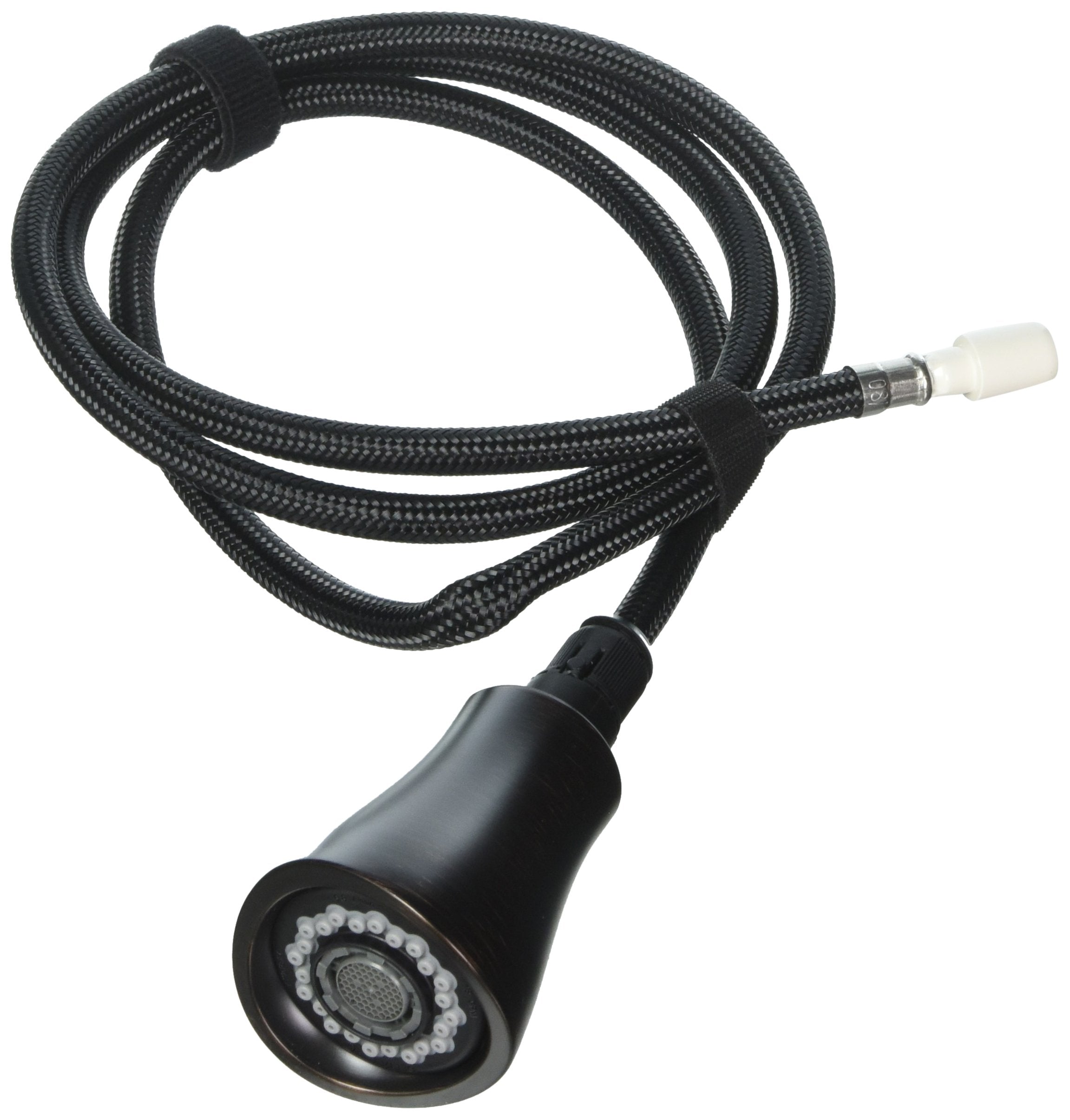 Black braided hose wand assembly with Venetian bronze finish head and white connector end.