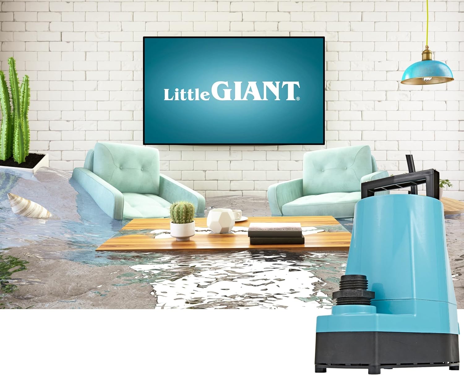 Blue and black Little Giant submersible utility pump with power cord, displayed in flooded interior setting.