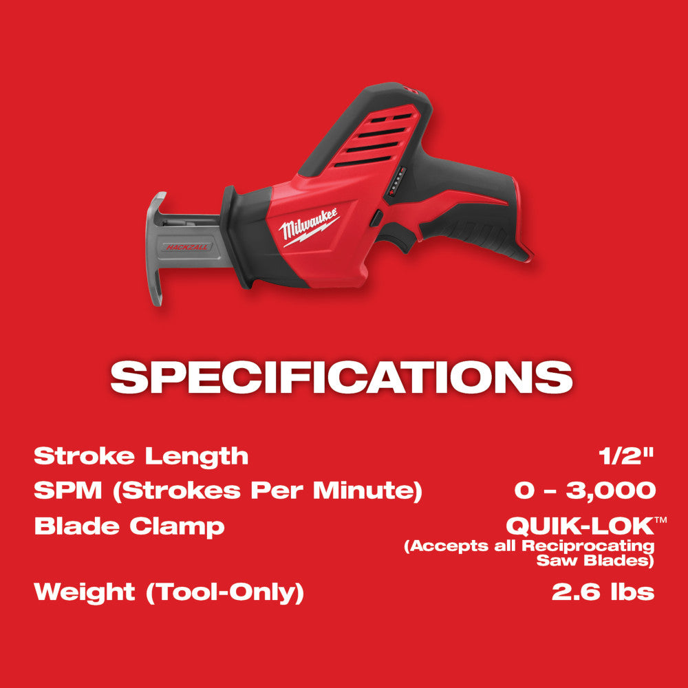 Milwaukee M12 Hackzall reciprocating saw with red and black body, grip handle, and blade clamp on red background.