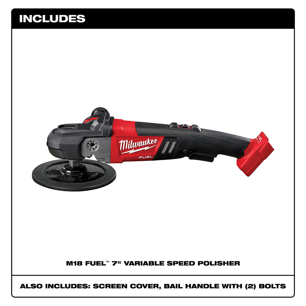 Milwaukee M18 FUEL 7" variable speed polisher with red and black body, circular polishing pad, and side handle.