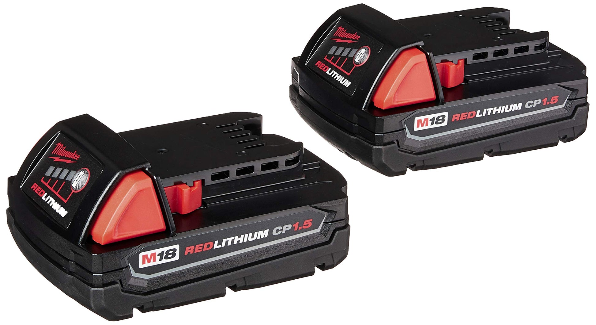 Two M18 RedLithium CP1.5 batteries with black and red casing and charge indicator display.