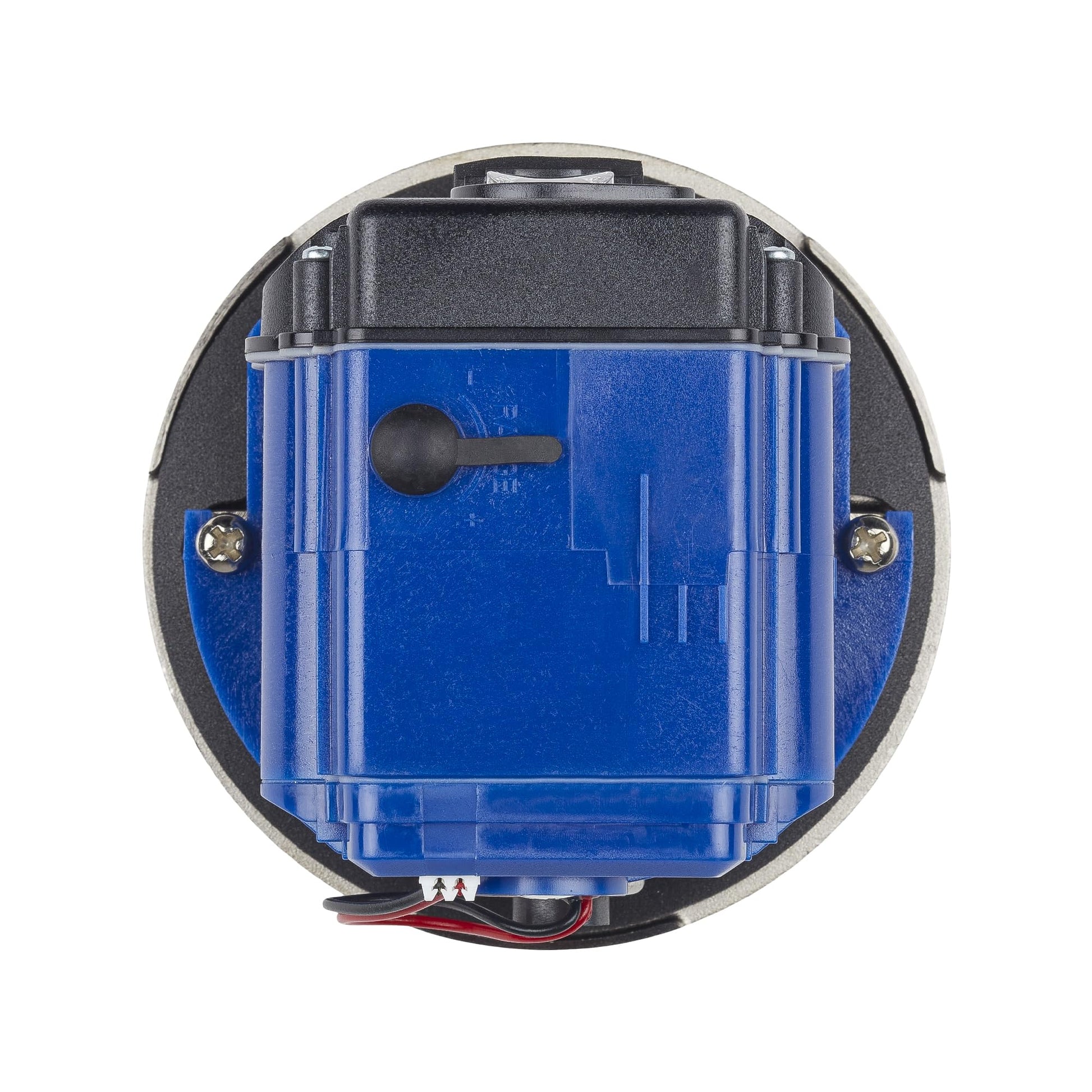 Sloan Optima water closet control module with blue housing, black top cover, and wired connectors visible from bottom view.