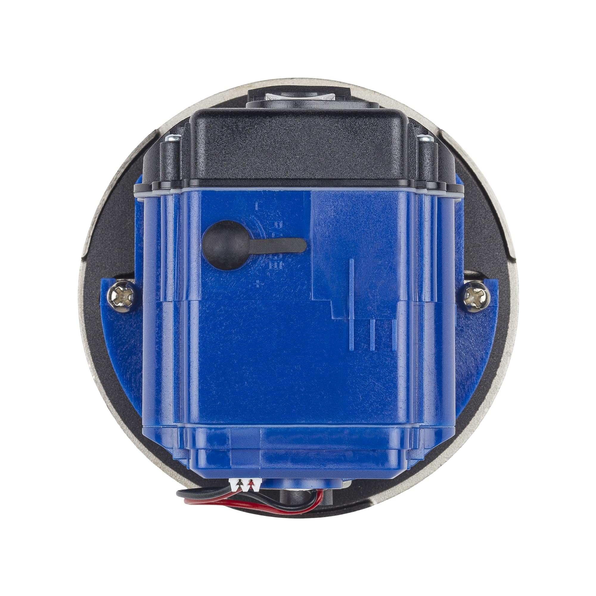 Sloan Optima water closet control module with blue housing, black top cover, and wired connectors visible from bottom view.