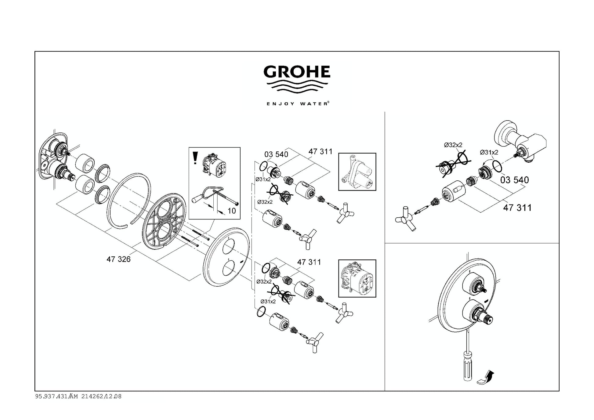 Grohe thermostatic volume control handle assembly diagram showing chrome-plated replacement parts and installation components