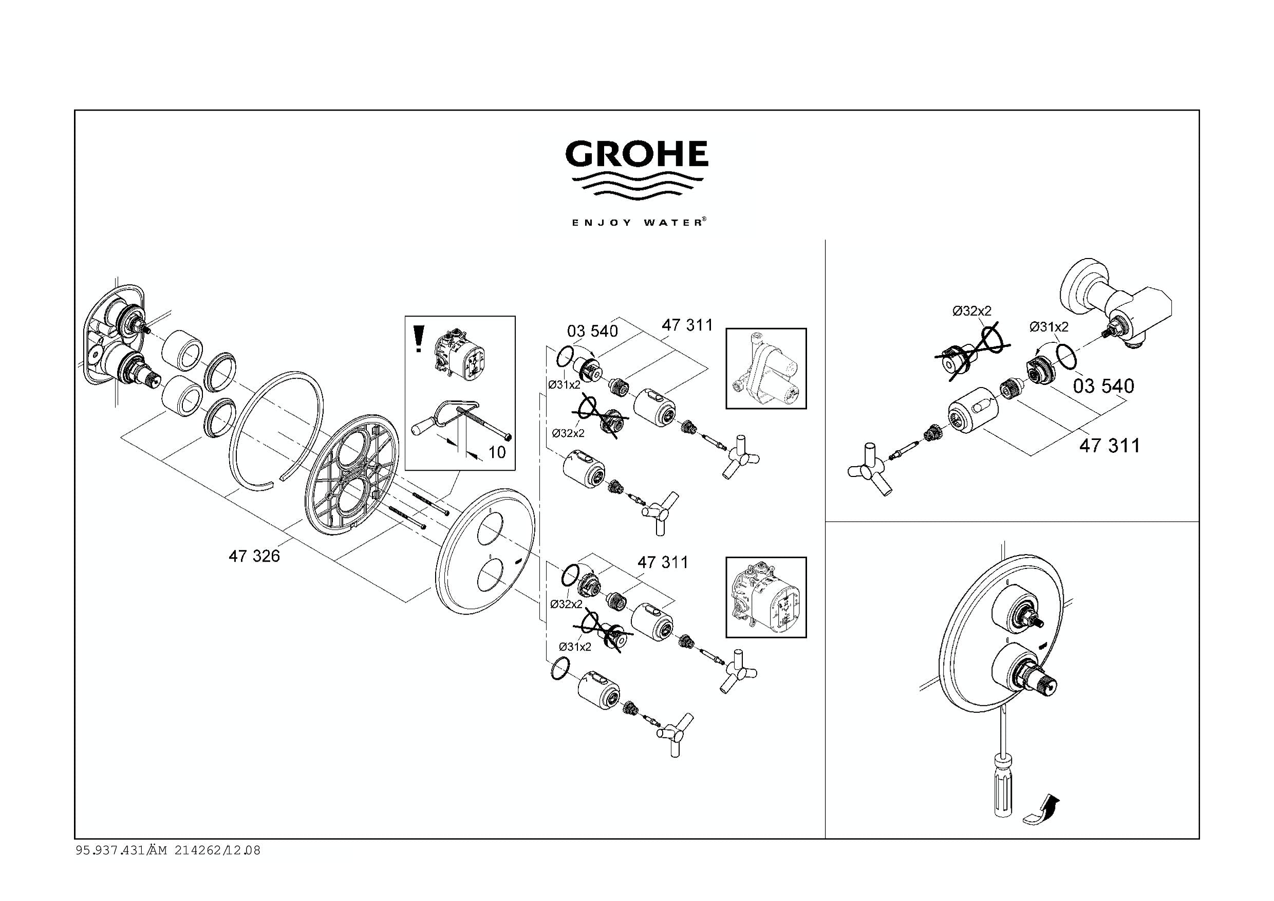 Grohe thermostatic volume control handle assembly diagram showing chrome-plated replacement parts and installation components