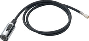Chrome pull-down spray assembly with black braided hose and trigger handle for kitchen faucet.