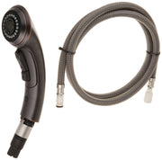 Venetian bronze pull-out wand assembly with multi-spray showerhead and braided hose connector.