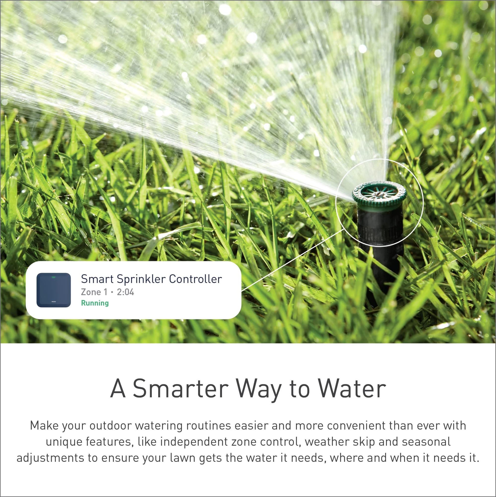 Pop-up sprinkler spraying water on green grass with smart controller interface displayed on overlay.