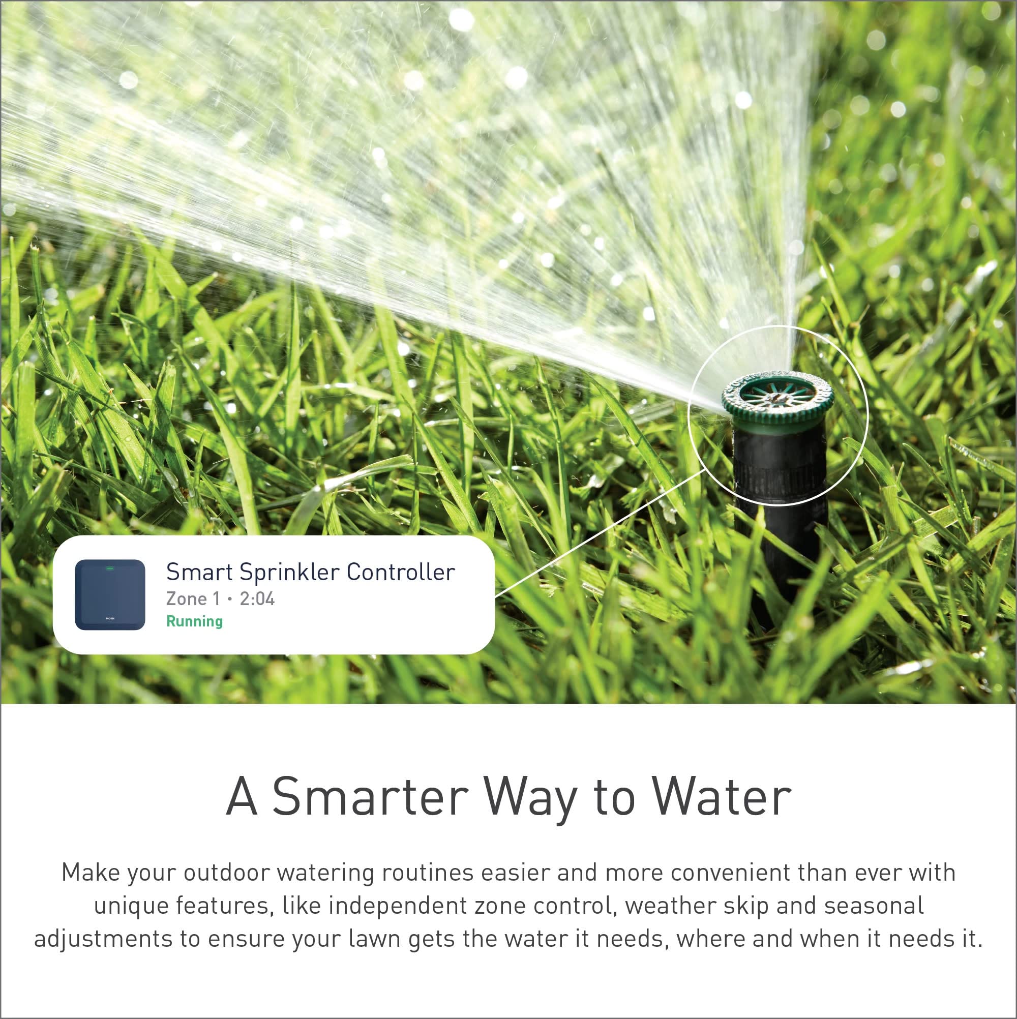 Pop-up sprinkler spraying water on green grass with smart controller interface displayed on overlay.