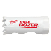 Milwaukee HOLE DOZER bi-metal hole saw with white cylindrical body and serrated cutting edge.