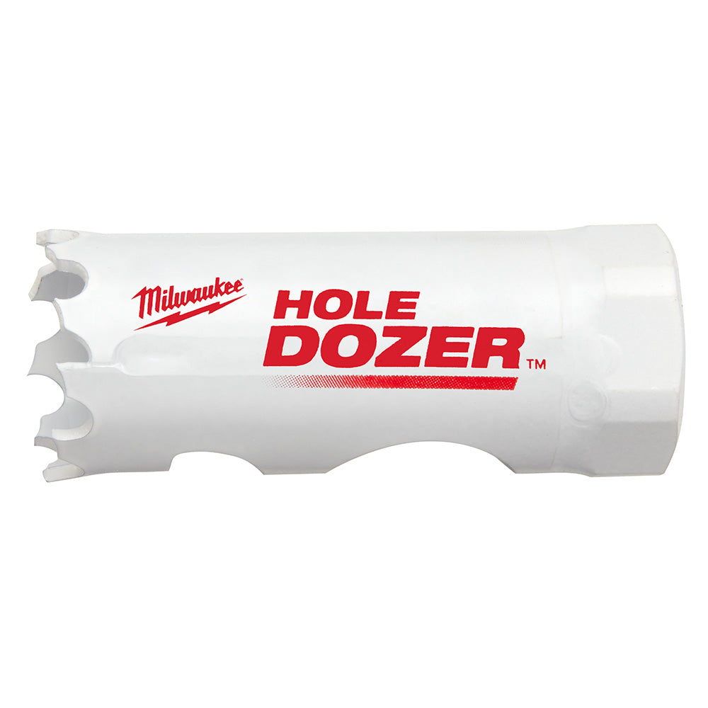 Milwaukee HOLE DOZER bi-metal hole saw with white cylindrical body and serrated cutting edge.