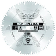 Freud 14" combination saw blade with 70 teeth, 1" arbor, marked for ripping and crosscutting hardwoods and softwoods.