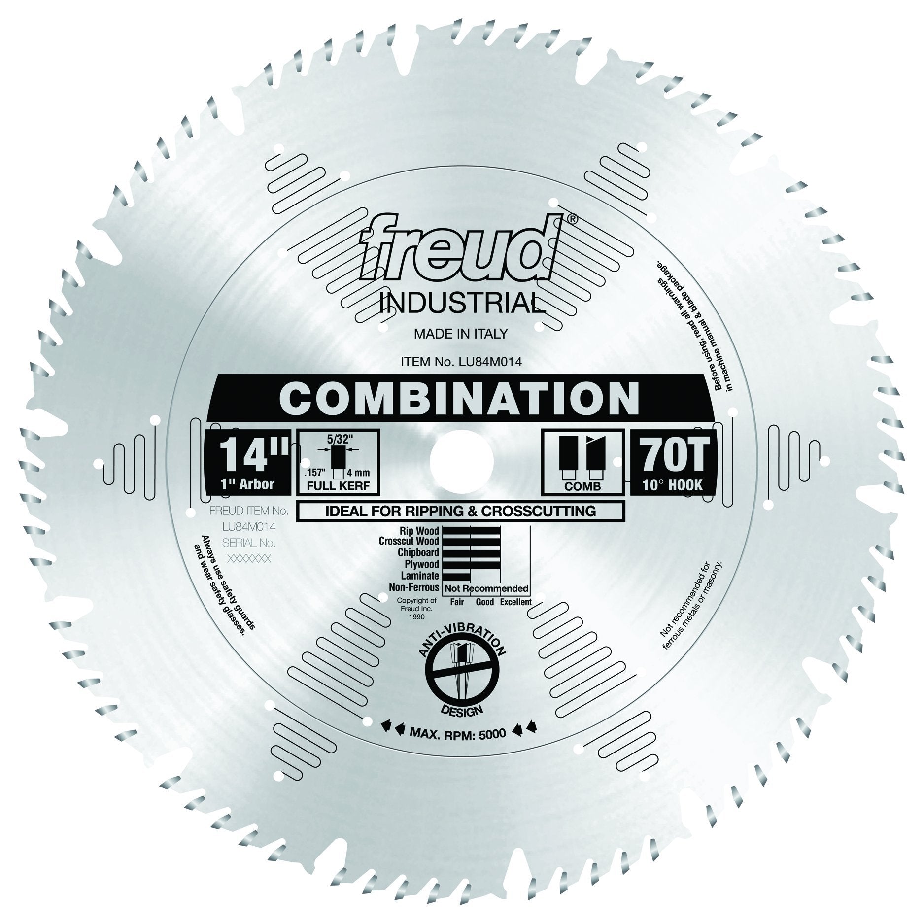 Freud 14" combination saw blade with 70 teeth, 1" arbor, marked for ripping and crosscutting hardwoods and softwoods.