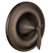 Oil rubbed bronze tub and shower valve trim with single lever handle and rounded escutcheon plate.