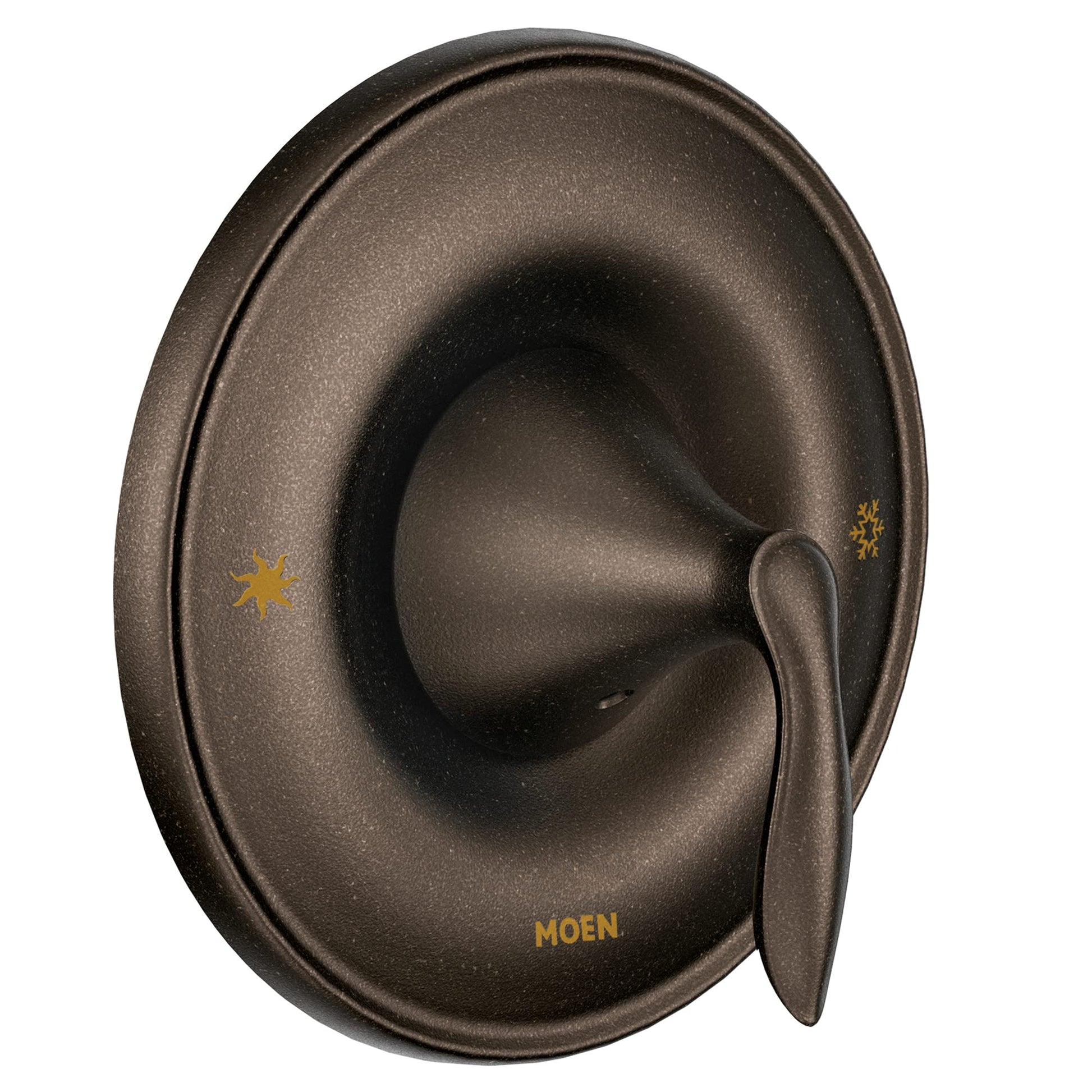 Oil rubbed bronze tub and shower valve trim with single lever handle and rounded escutcheon plate.