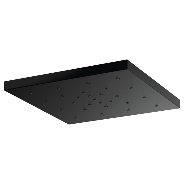 Black square raincan shower head with multiple water jets across the surface.