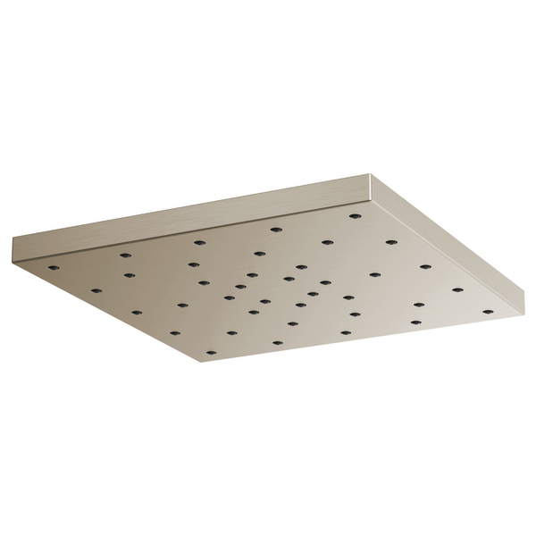 Square brushed nickel raincan showerhead with multiple water jets distributed across flat surface.
