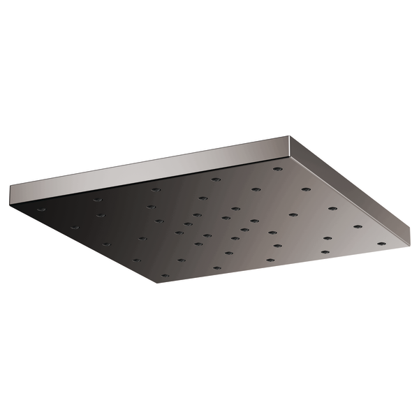 Square brushed nickel raincan shower head with multiple small spray holes across flat surface.