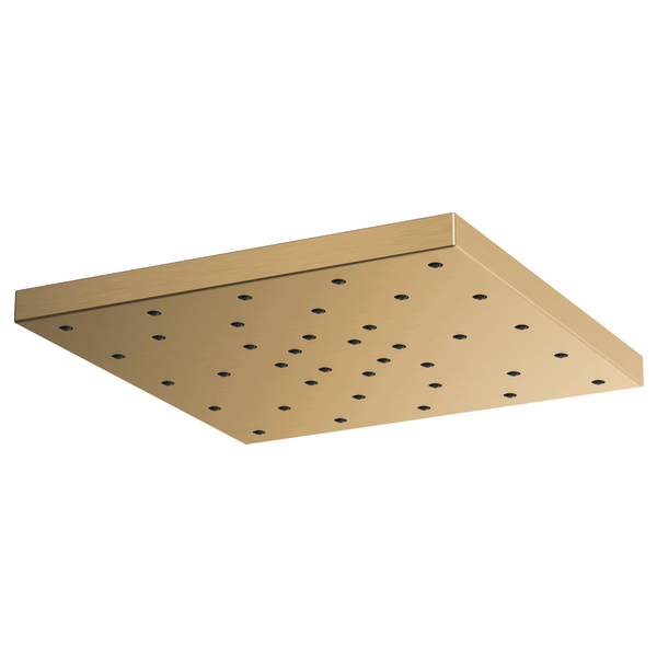 Square brushed gold raincan showerhead with multiple small water jets distributed across flat surface.