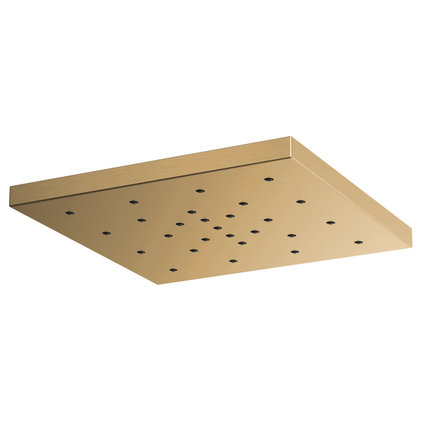 Square brass raincan shower head with multiple spray holes across flat surface.
