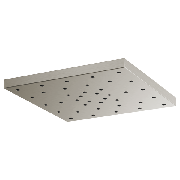 Square brushed nickel raincan shower head with multiple spray holes distributed across flat surface.
