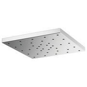 Square chrome raincan shower head with multiple spray holes in the face, mounted horizontally.