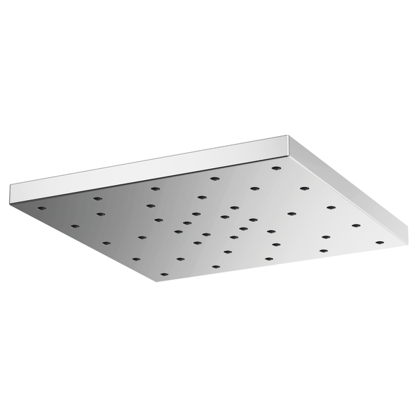 Square chrome raincan shower head with multiple spray holes in the face, mounted horizontally.