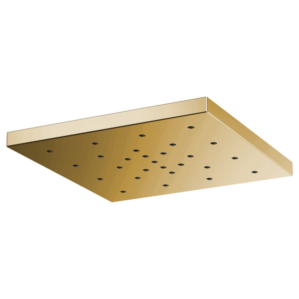 Square brass raincan showerhead with multiple spray holes across the surface.