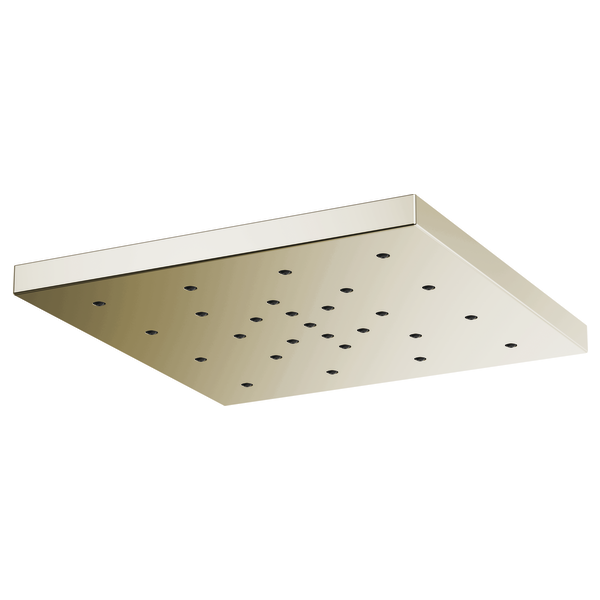 Square raincan shower head in brushed nickel with multiple spray jets across flat surface.